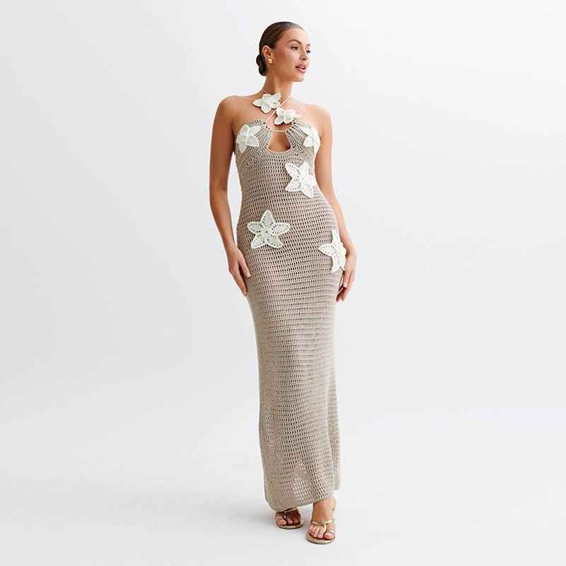 Gehäkeltes Maxikleid 3D Blumen Neckholder Sommer - IdealeKleiden