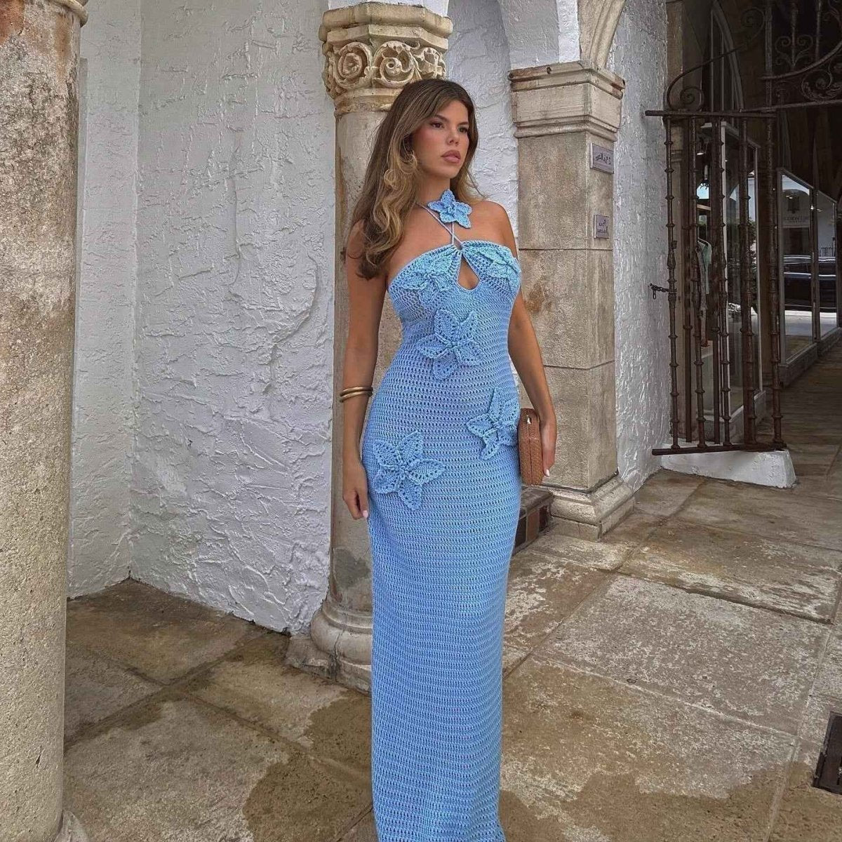 Crocheted Maxi Dress 3D Flowers Halterneck Summer