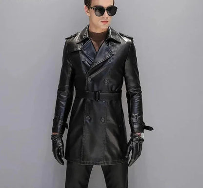 Men's Leather Trench Coat Elegant Black
