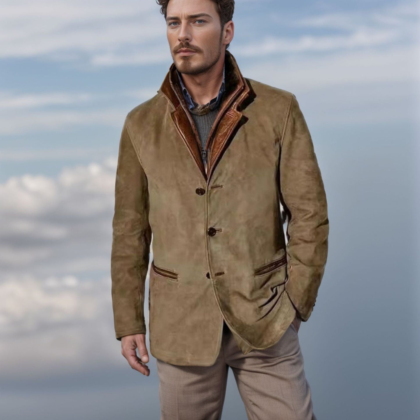 Men's Suede-Look Leather Jacket with Lapel Collar Style