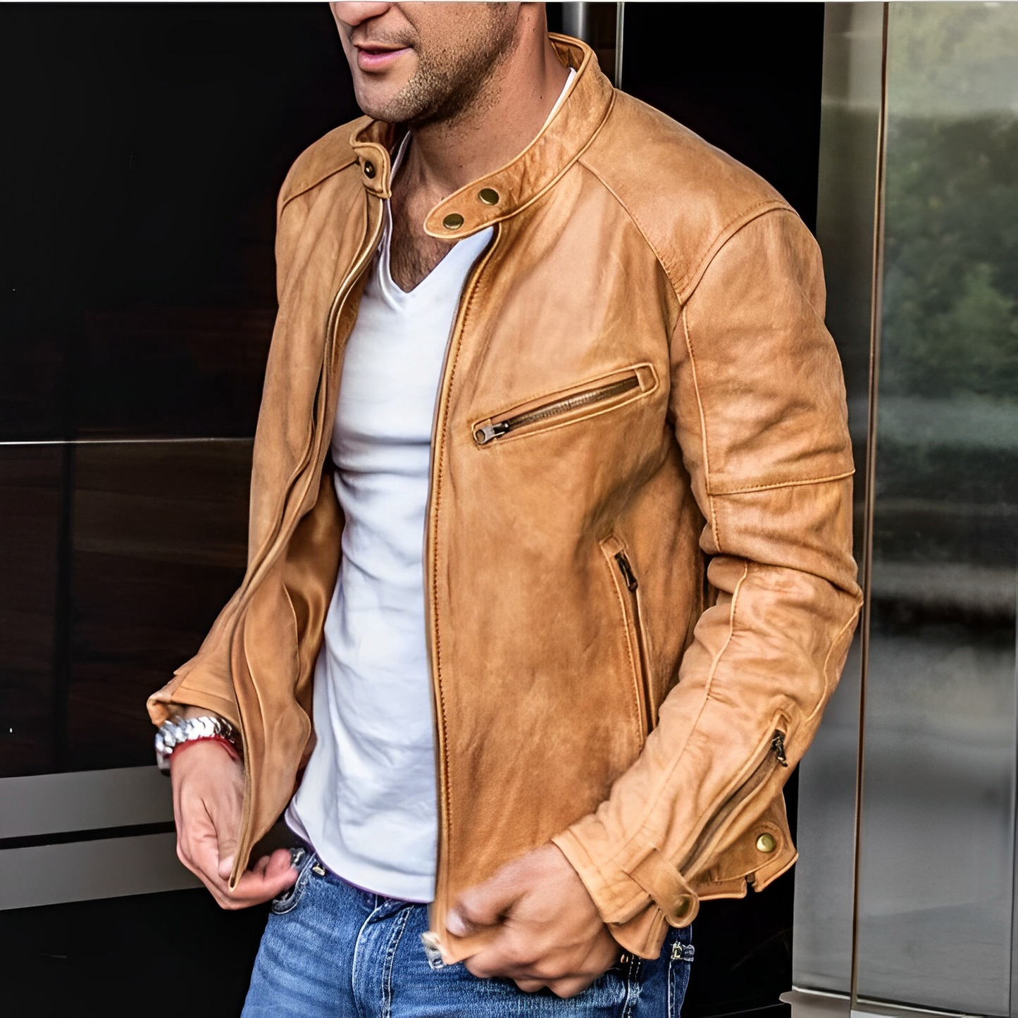 Men's Leather Jacket Vintage Style Stand-Up Collar