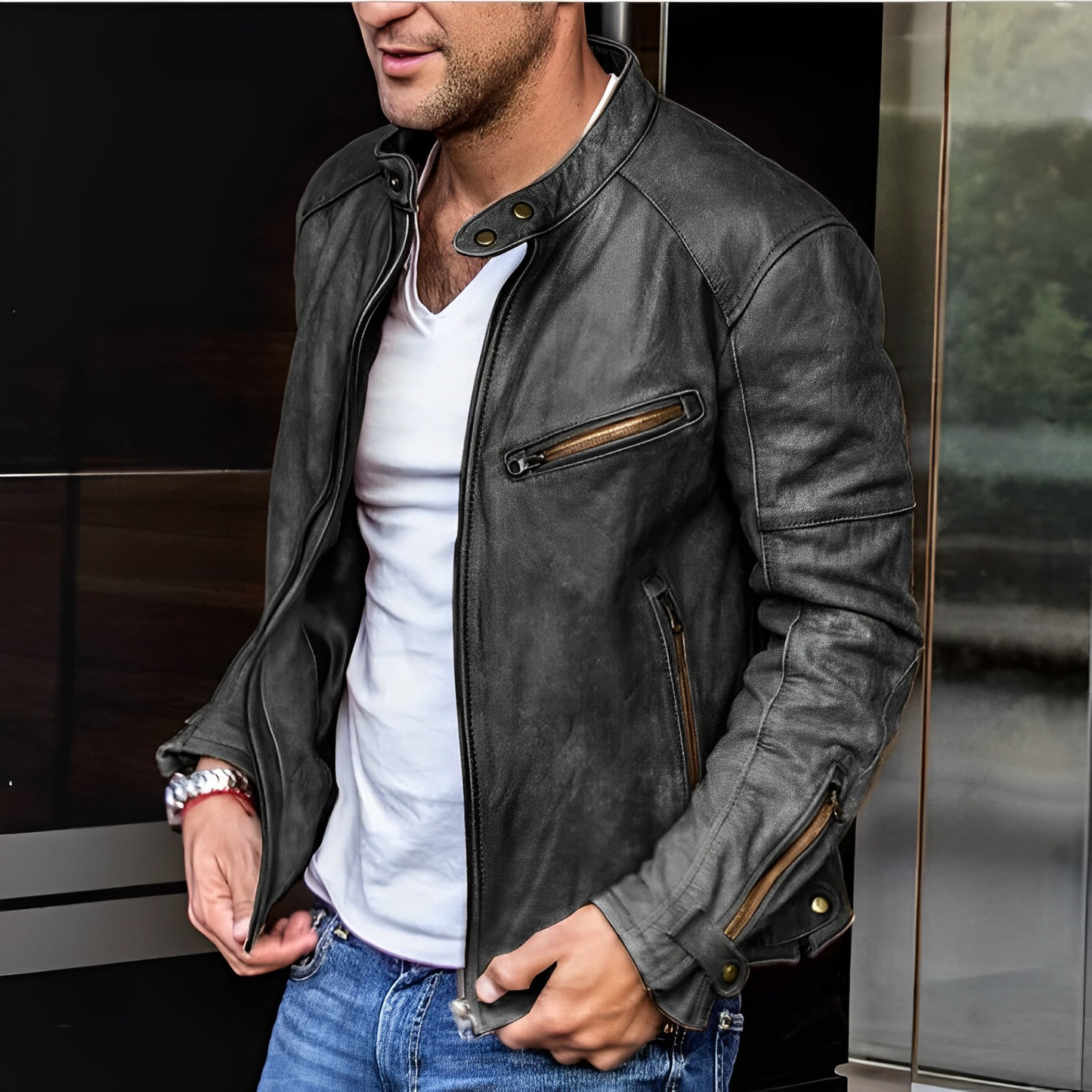 Men's Leather Jacket Vintage Style Stand-Up Collar