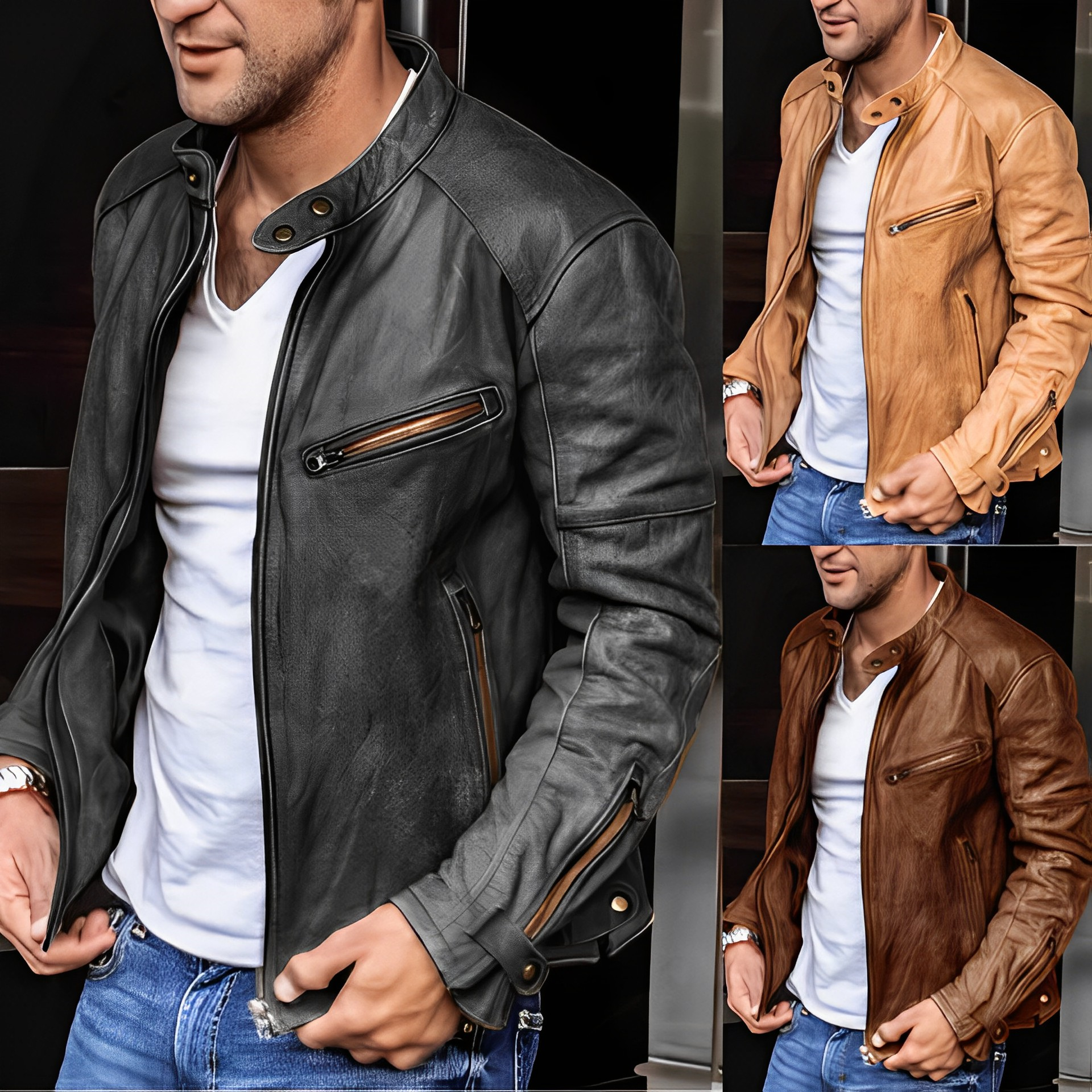 Herren Lederjacke Vintage Style Stehkragen - IdealeKleiden