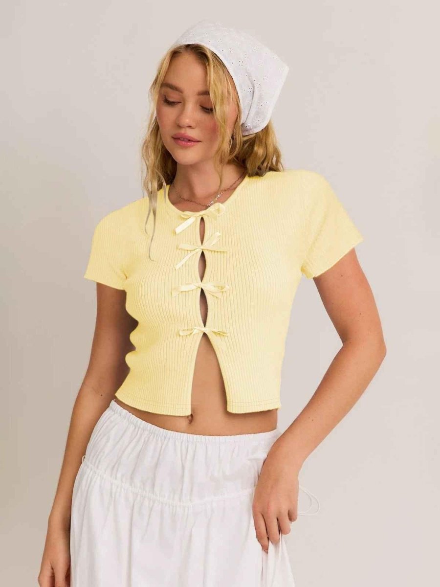 Women's Short Sleeve Top with Satin Ribbons