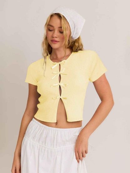 Women's Short Sleeve Top with Satin Ribbons