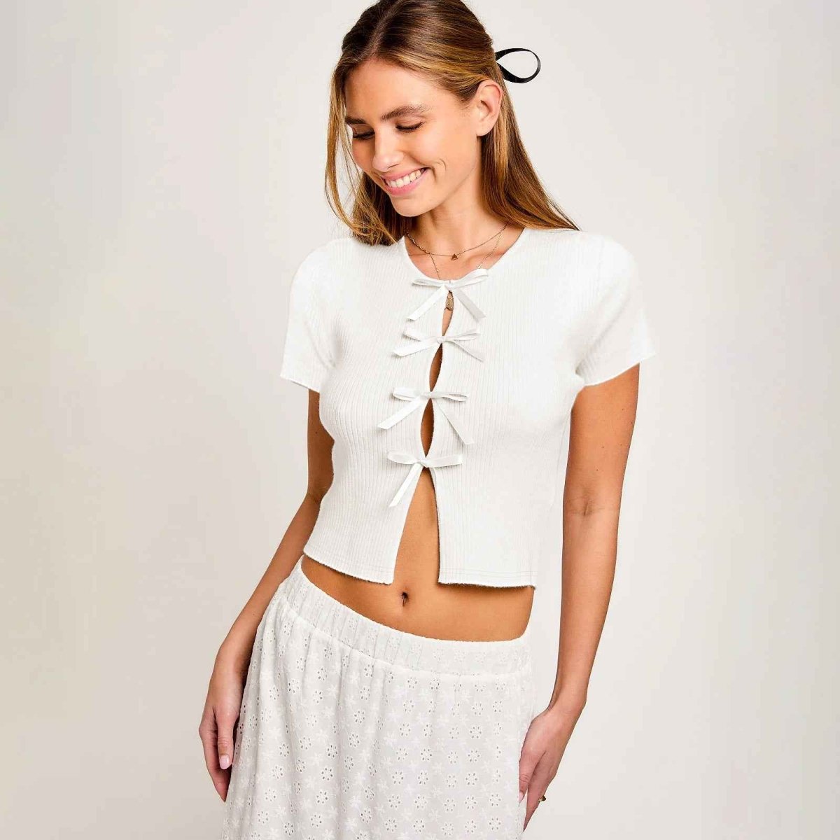 Women's Short Sleeve Top with Satin Ribbons