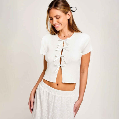 Women's Short Sleeve Top with Satin Ribbons
