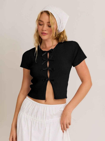 Women's Short Sleeve Top with Satin Ribbons