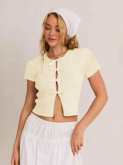 Women's Short Sleeve Top with Satin Ribbons