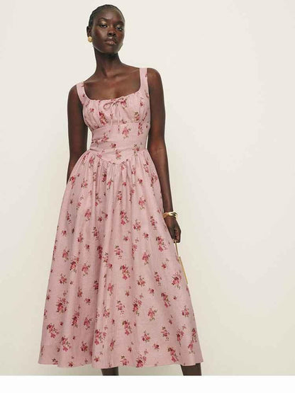 Women's Romantic Midi Dress Vintage Style Cotton