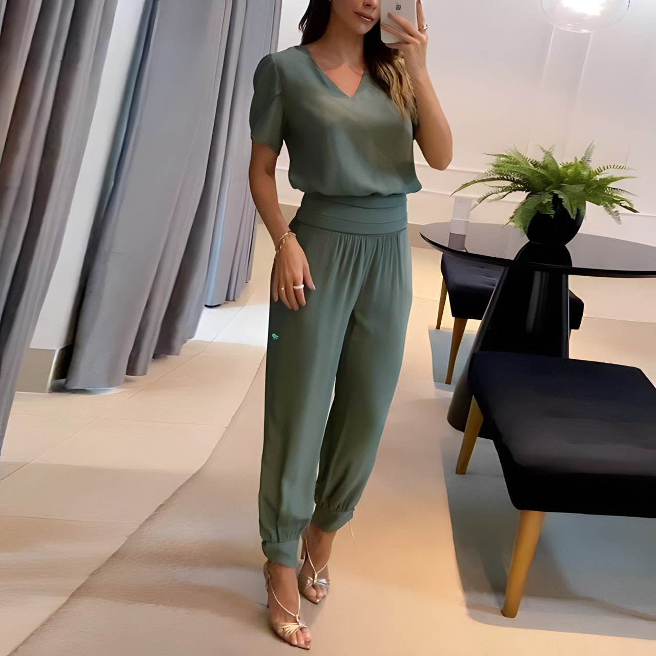 Women's Pants Set V-Neck Patterned Stylish