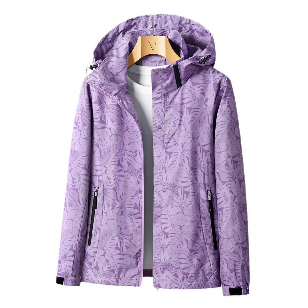 Practical outdoor jacket with hood and stylish print
