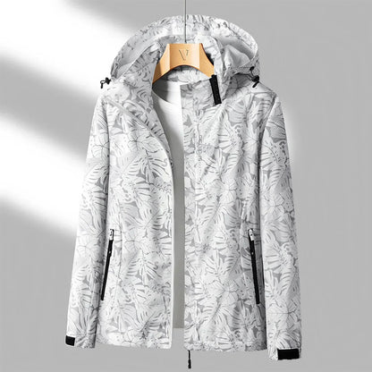 Practical outdoor jacket with hood and stylish print