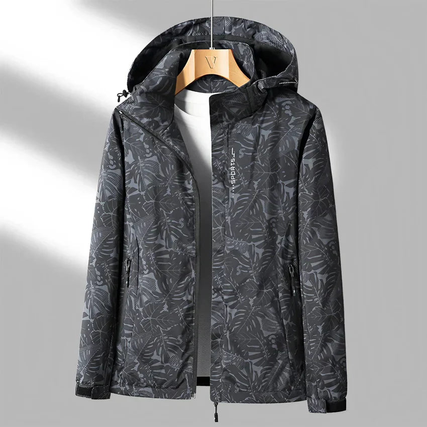 Practical outdoor jacket with hood and stylish print
