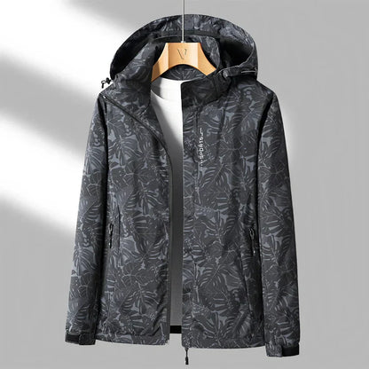 Practical outdoor jacket with hood and stylish print