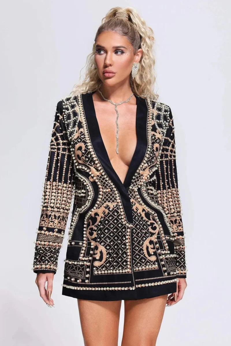 Elegantes Minikleid mit Perlenstickerei und tiefem Dekolleté - IdealeKleiden