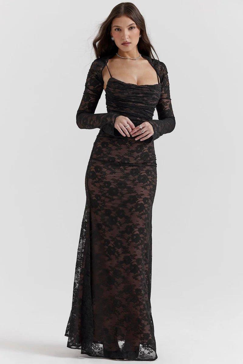 Elegantes Maxikleid Spitze Langärmlig Durchsichtig - IdealeKleiden