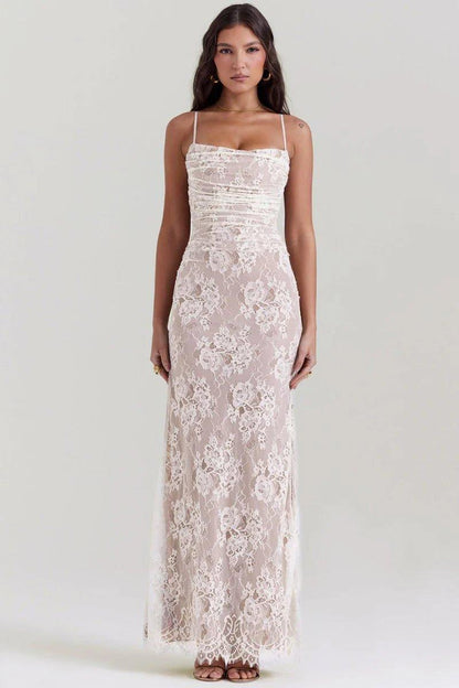 Elegant Maxi Dress Lace Long-sleeved Sheer