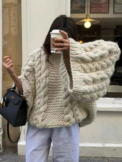 Nola - Generous Ladies' Jumper with Cable Knit and Boho-Style Cut-Out Sleeves