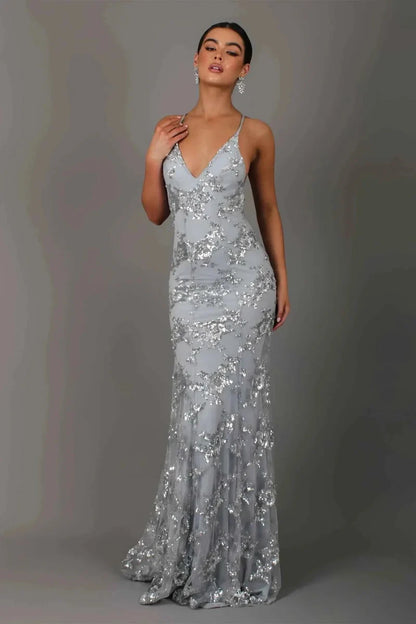 Long Elegant Sequin Lace Evening Dress