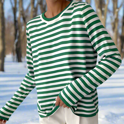 Comfortable Long-Sleeve Shirt Stripes Crew Neck Cotton