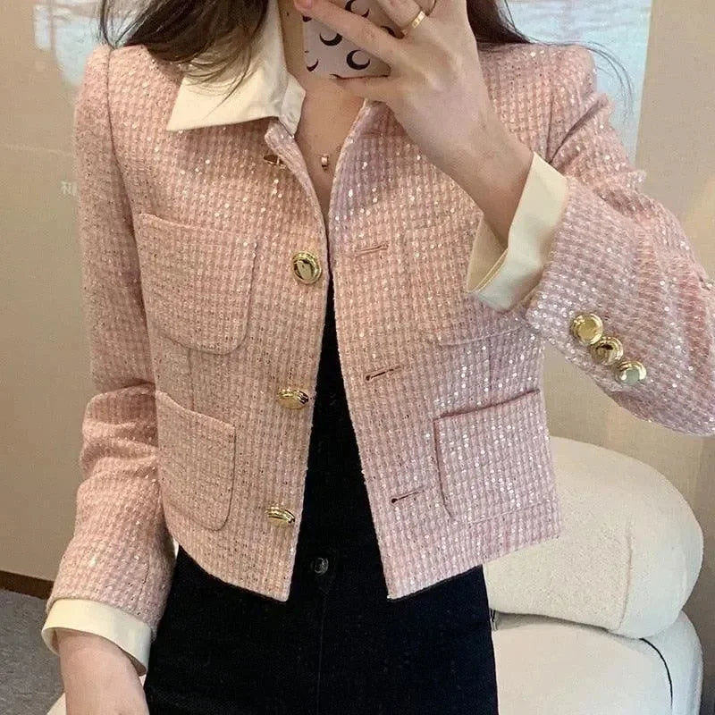 Fashionable Women's Jacket Patchwork Tweed Look