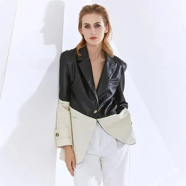 Stylish Patchwork Blazer Women's Leather Jacket
