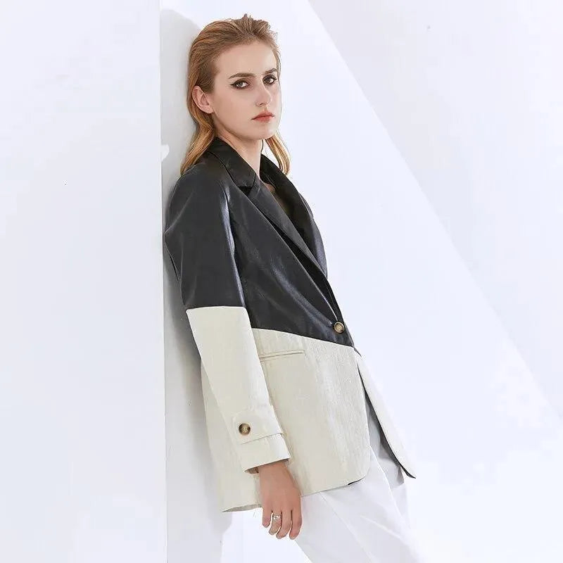 Stylischer Patchwork Blazer Damen Lederjacke - IdealeKleiden