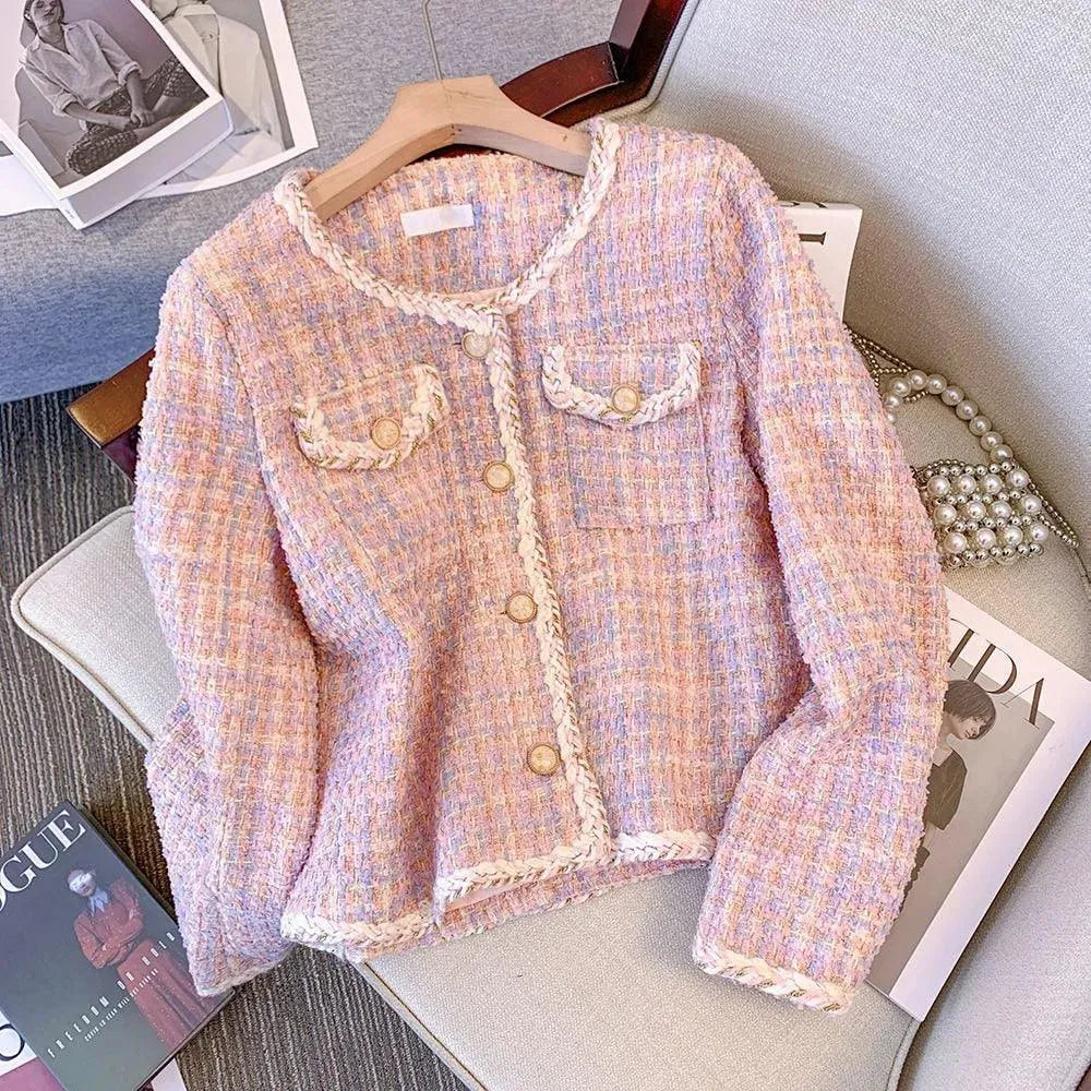 Women's Pink Plaid Trendy Tweed Jacket