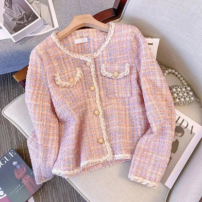 Women's Pink Plaid Trendy Tweed Jacket