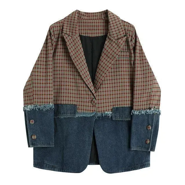 Plaid Denim Blazer Women's Plus Size Casual Patchwork