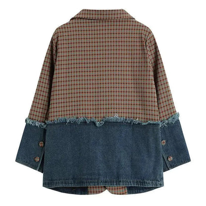 Karierte Denim Blazer Damen Übergröße Lässig Patchwork - IdealeKleiden