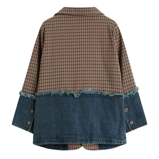 Karierte Denim Blazer Damen Übergröße Lässig Patchwork - IdealeKleiden
