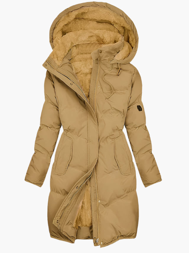 Women's Long Winter Coat Hood Faux Fur Elegant