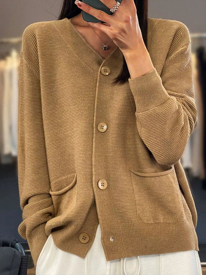 Elegant Knit Cardigan Plain V-neck