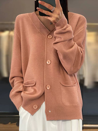 Elegant Knit Cardigan Plain V-neck