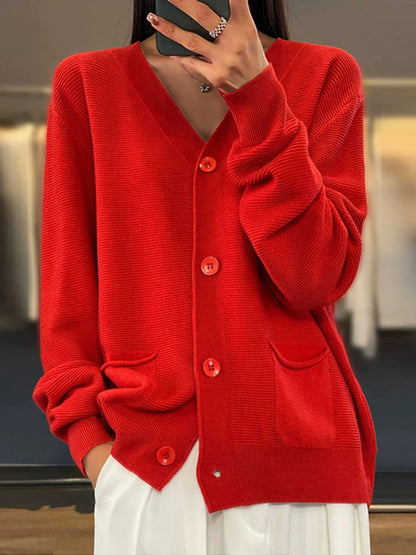 Elegant Knit Cardigan Plain V-neck