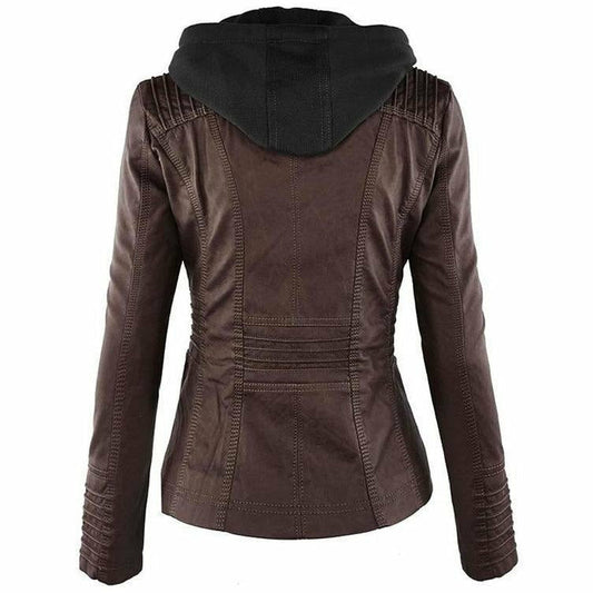 Lederjacke Mit Kapuze Elegant Schwarz - IdealeKleiden