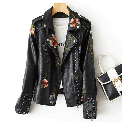 Leather Jacket Floral Pattern Women
