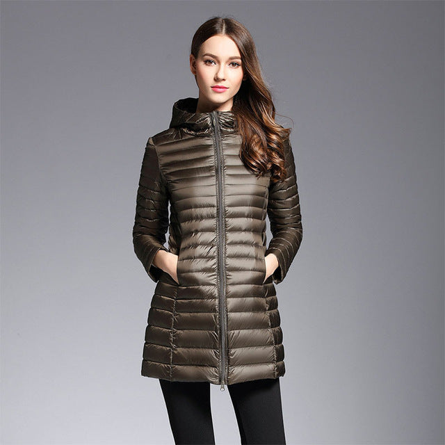 Long Down Jacket Hood Warm Insulated