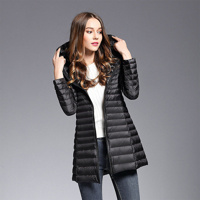 Long Down Jacket Hood Warm Insulated