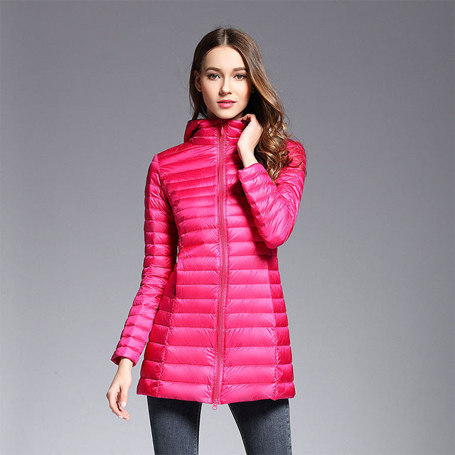 Long Down Jacket Hood Warm Insulated