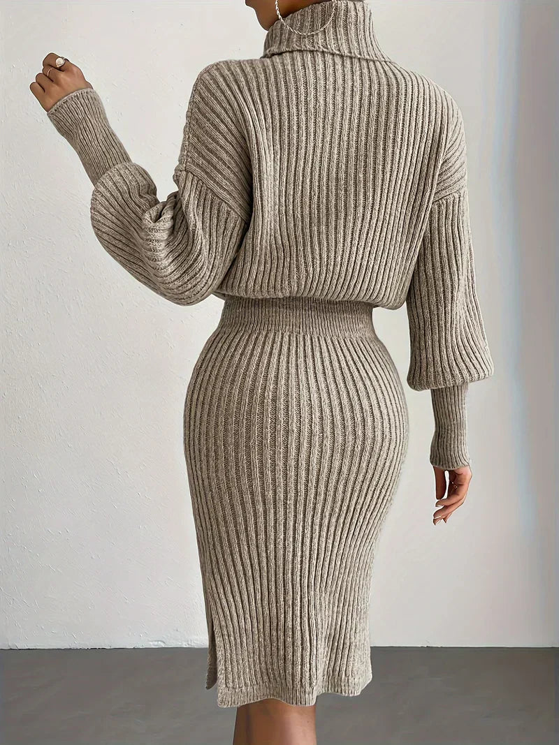 Strick Kleidung Damen Set mit Rollkragen Pullover und Midi Rock - IdealeKleiden