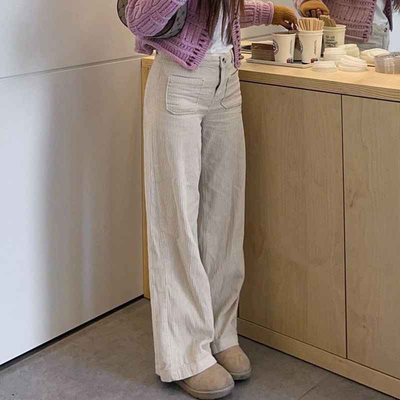 Creme Cordhose Damen Hohe Taille Komfort - IdealeKleiden
