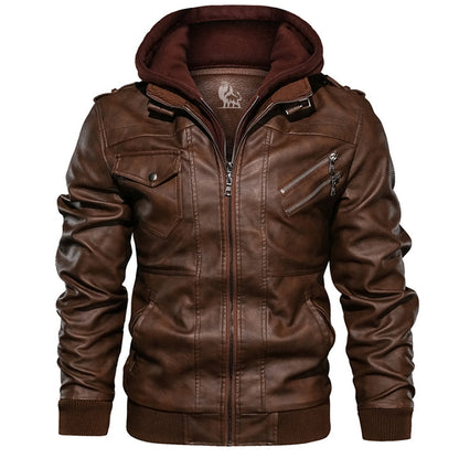 Herren Lederjacke Schwarz mit Abnehmbarer Kapuze
