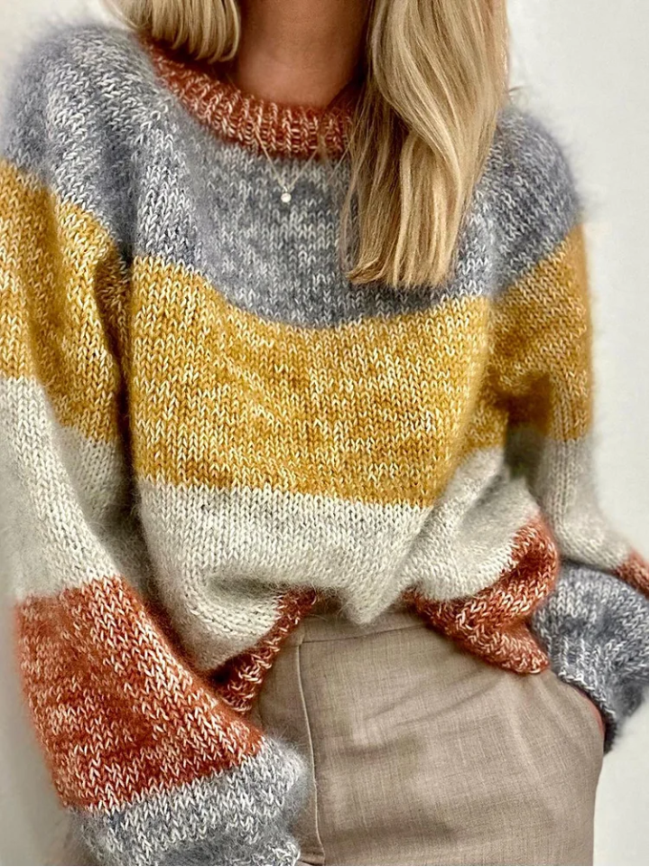 Retro Pullover Frauen Kontrast Farben Rundhals - IdealeKleiden