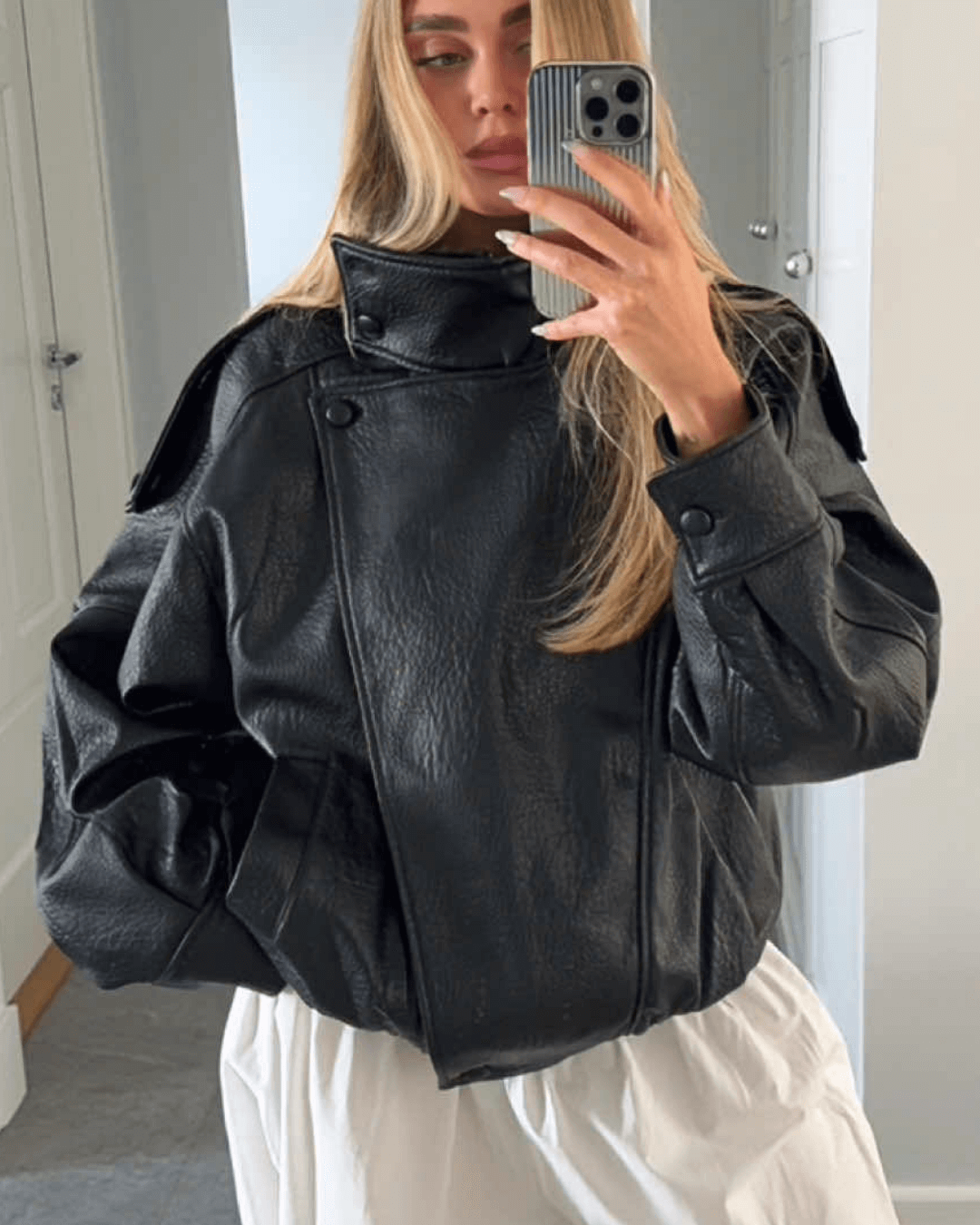 Stylish Leather Jacket Asymmetrical Cut