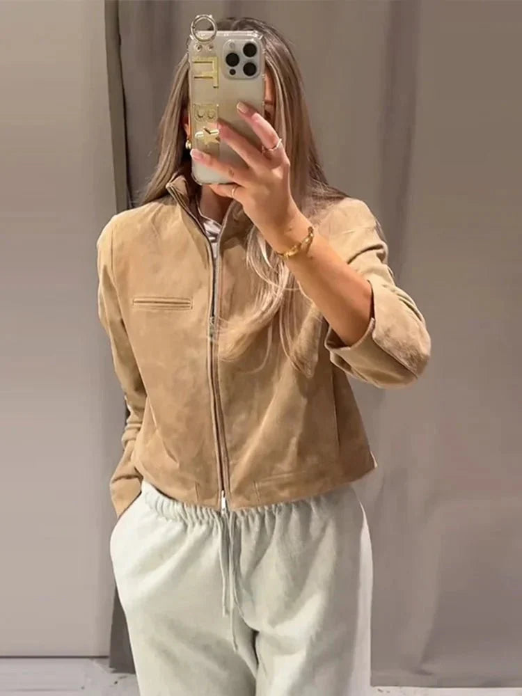 Women's Leather Jacket Stand-up Collar Modern