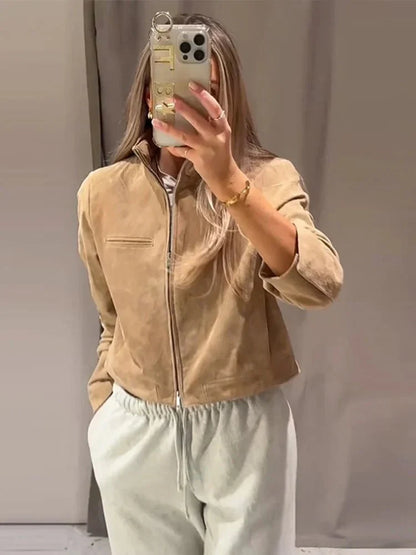 Women's Leather Jacket Stand-up Collar Modern