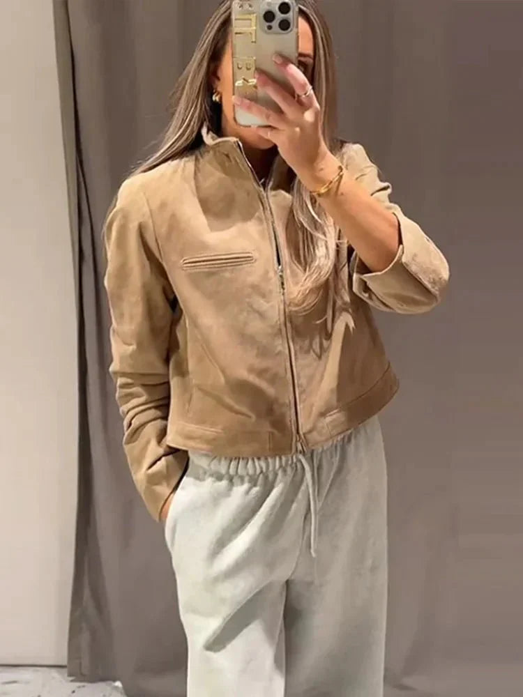 Women's Leather Jacket Stand-up Collar Modern